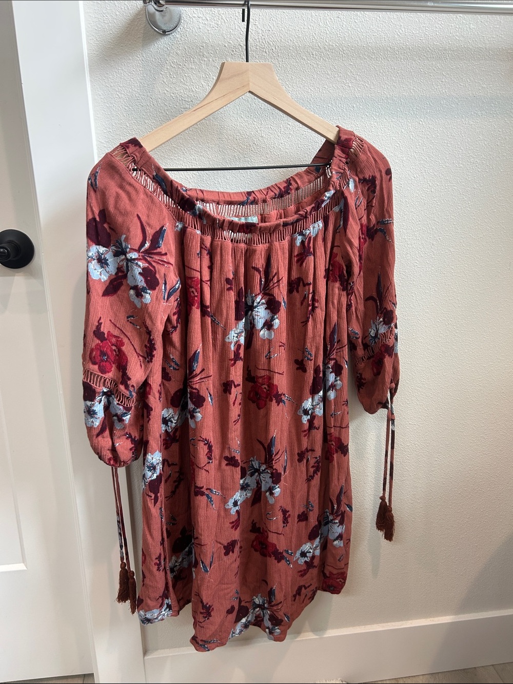 Skies Are Blue Rust Floral Off-Shoulder Mini Dress